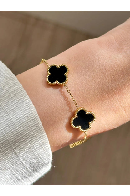 Çelik Lacivert Sedefli Yeni Model Yonca Bileklik Kadın Erkek Unisex Çift Taraflı Bileklik
