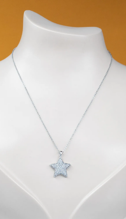 Zirkon Taşlı Gümüş Renk Yıldız Kolye Gerçek Çelik Zincirli - Silver