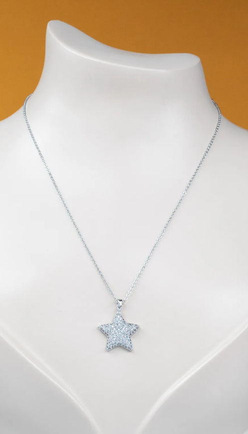 Zirkon Taşlı Gümüş Renk Yıldız Kolye Gerçek Çelik Zincirli - Silver